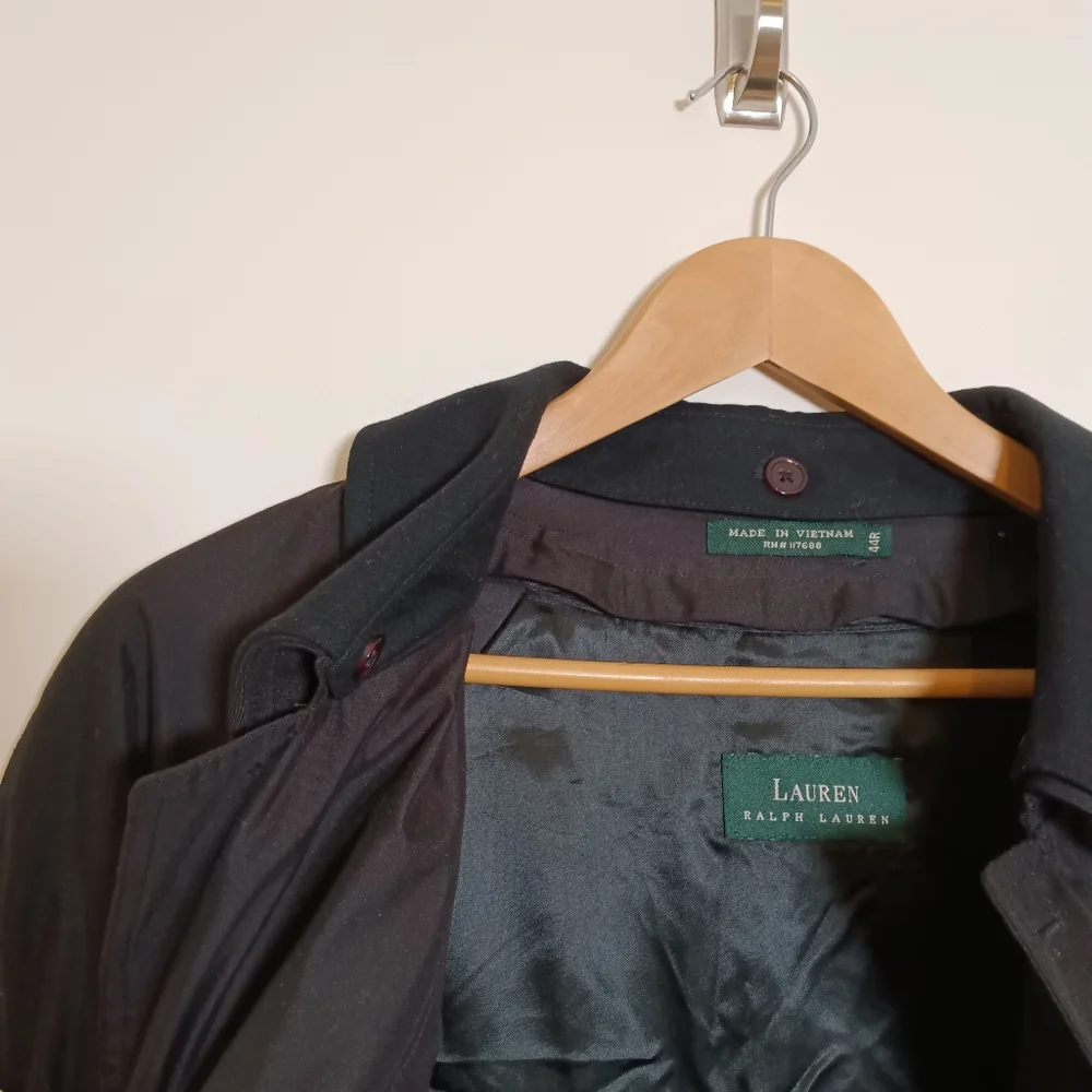 Ralph Lauren Vintage Mens Black Trench Overcoat Raincoat 44R Single Breasted